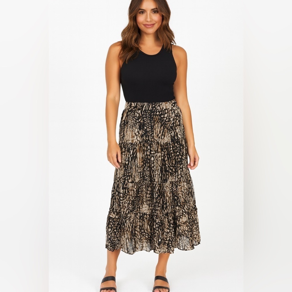 Chicos Animal Print Tiered Boho Maxi Skirt Crinkle Pull On Y2K 90s Whimsical